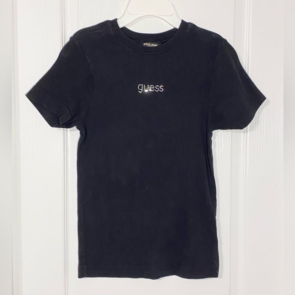 Y2K VTG Guess USA MADE Crystal Logo Tee Black Size XL